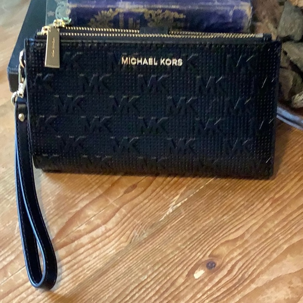 Michael Kors Black Embossed Logo Phone Wallet Wristlet